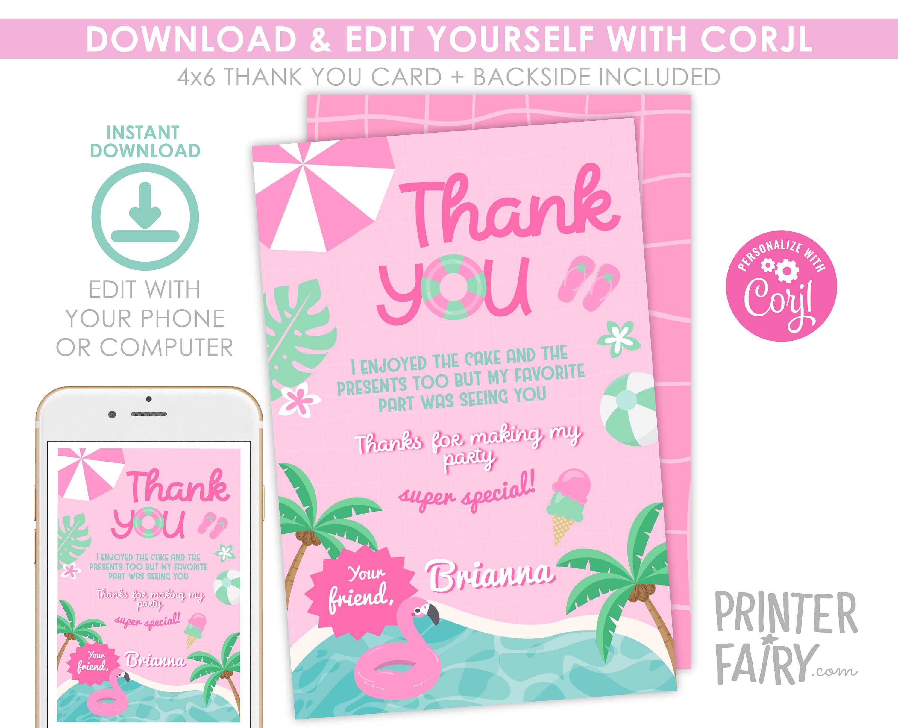 Pink Pool Party Thank You Card, Editable Template (Digital Download)