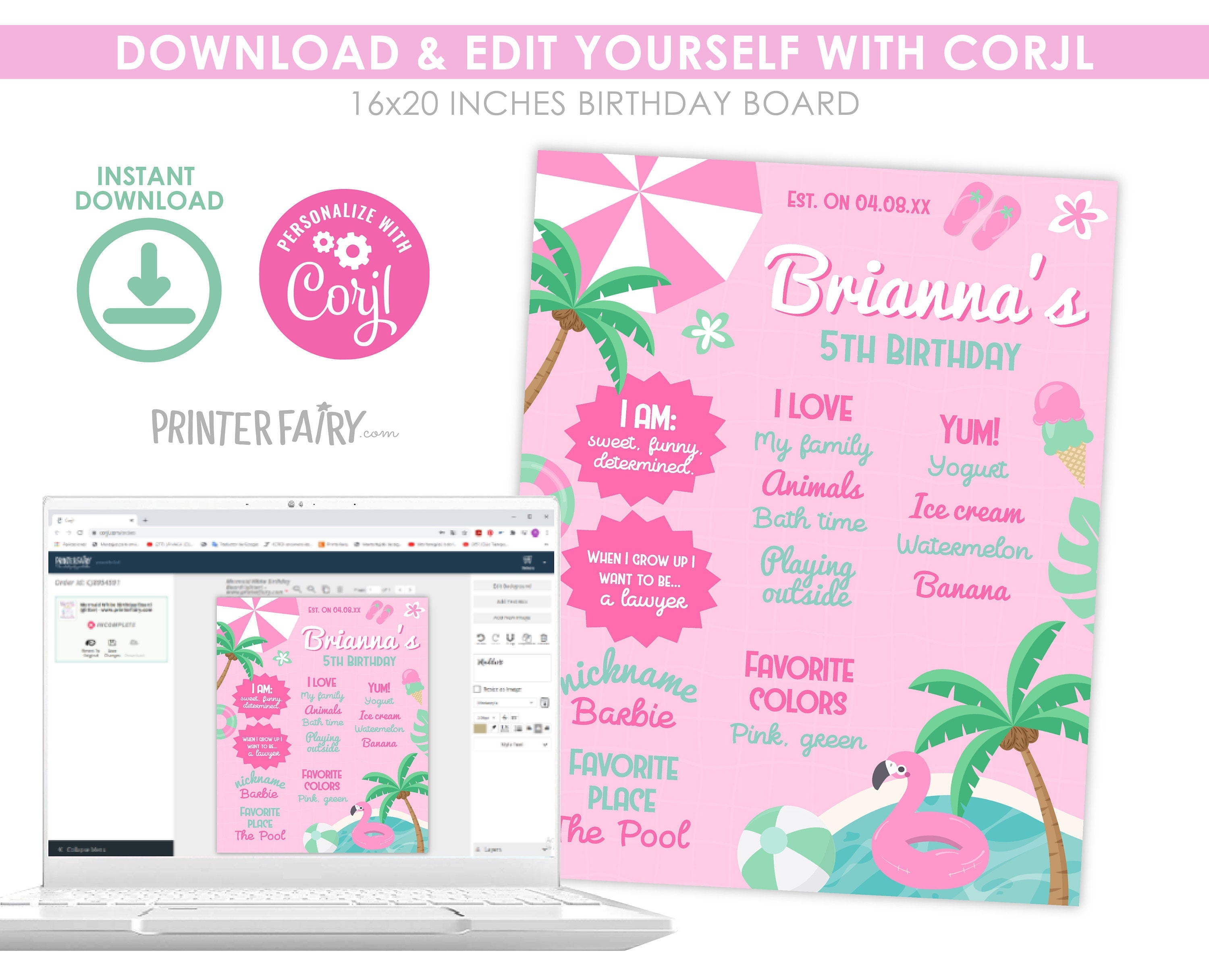 Pool Party Birthday Board, Pink Stats Sign (Editable Digital Item)