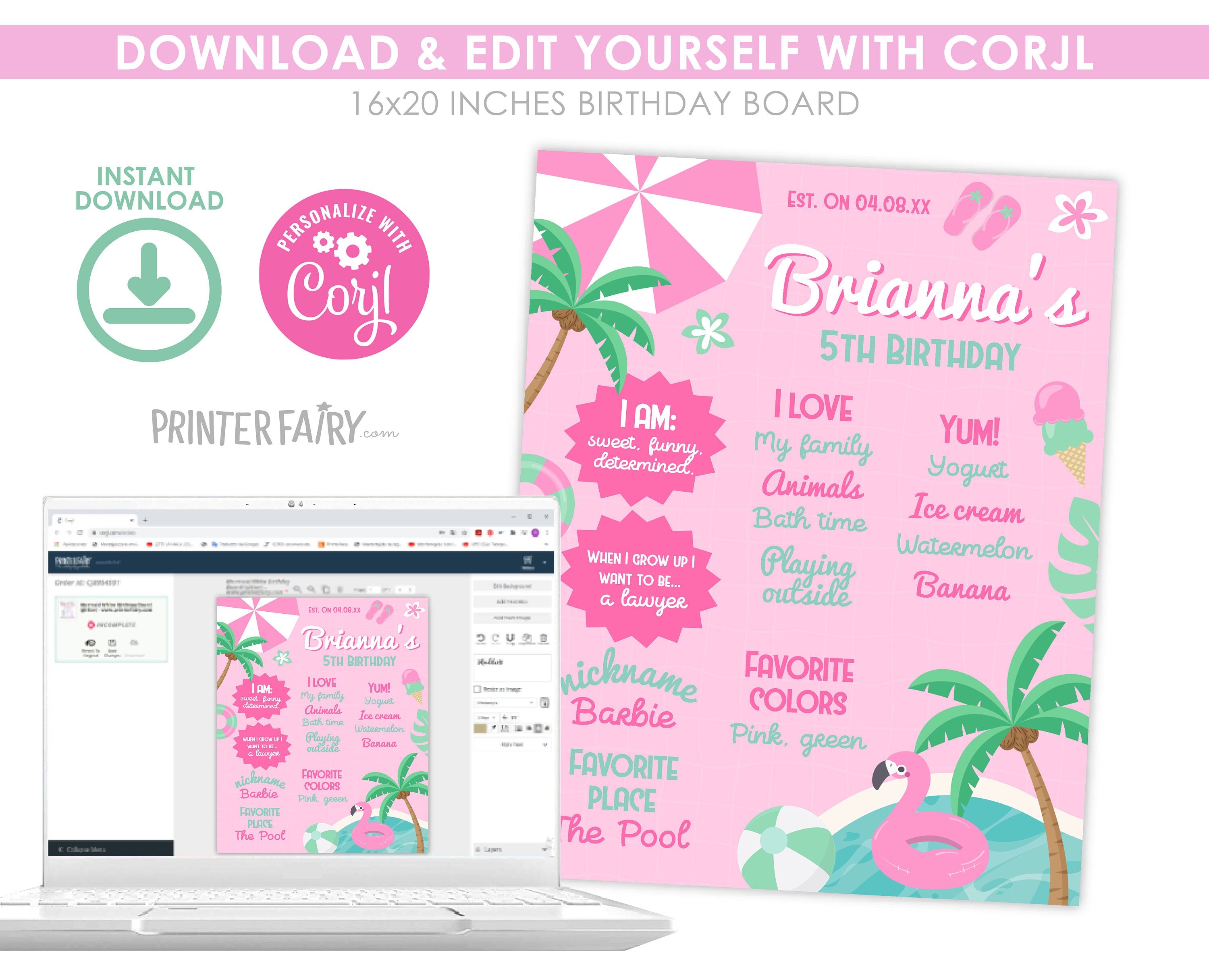 Pool Party Birthday Board, Pink Stats Sign (Editable Digital Item)