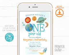 Outer Space First Birthday Invitation, Planets, Rocket (Editable Template)