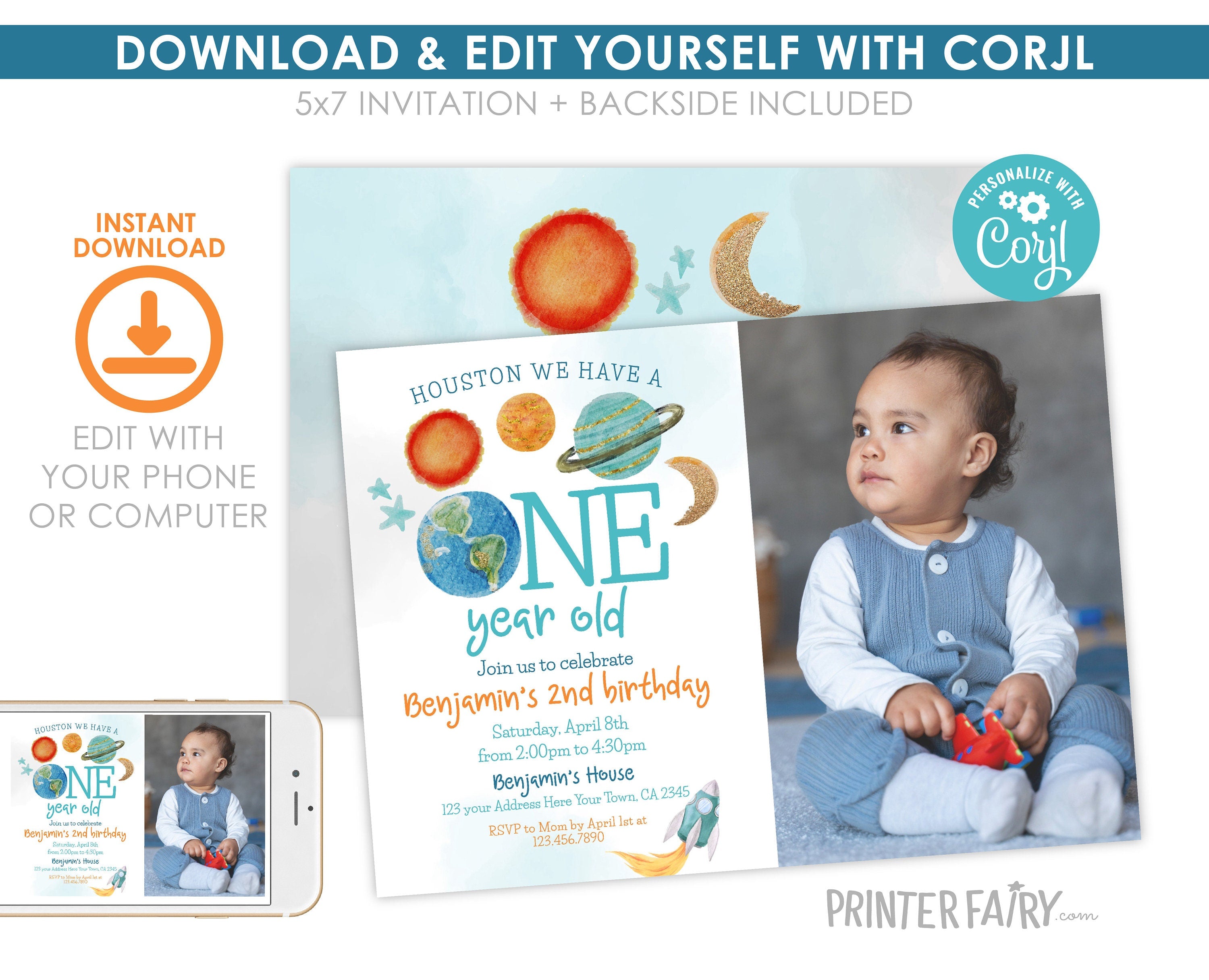 Outer Space First Birthday Invitation with Photo, Galaxy Rocket Party (Editable Template)