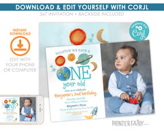 Outer Space First Birthday Invitation with Photo, Galaxy Rocket Party (Editable Template)
