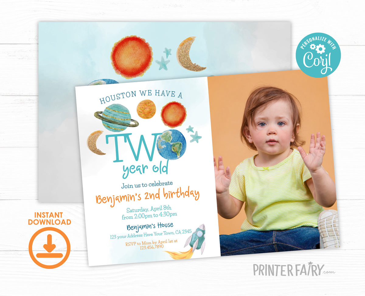 Outer Space Second Birthday Invitation with Photo (Editable Template)