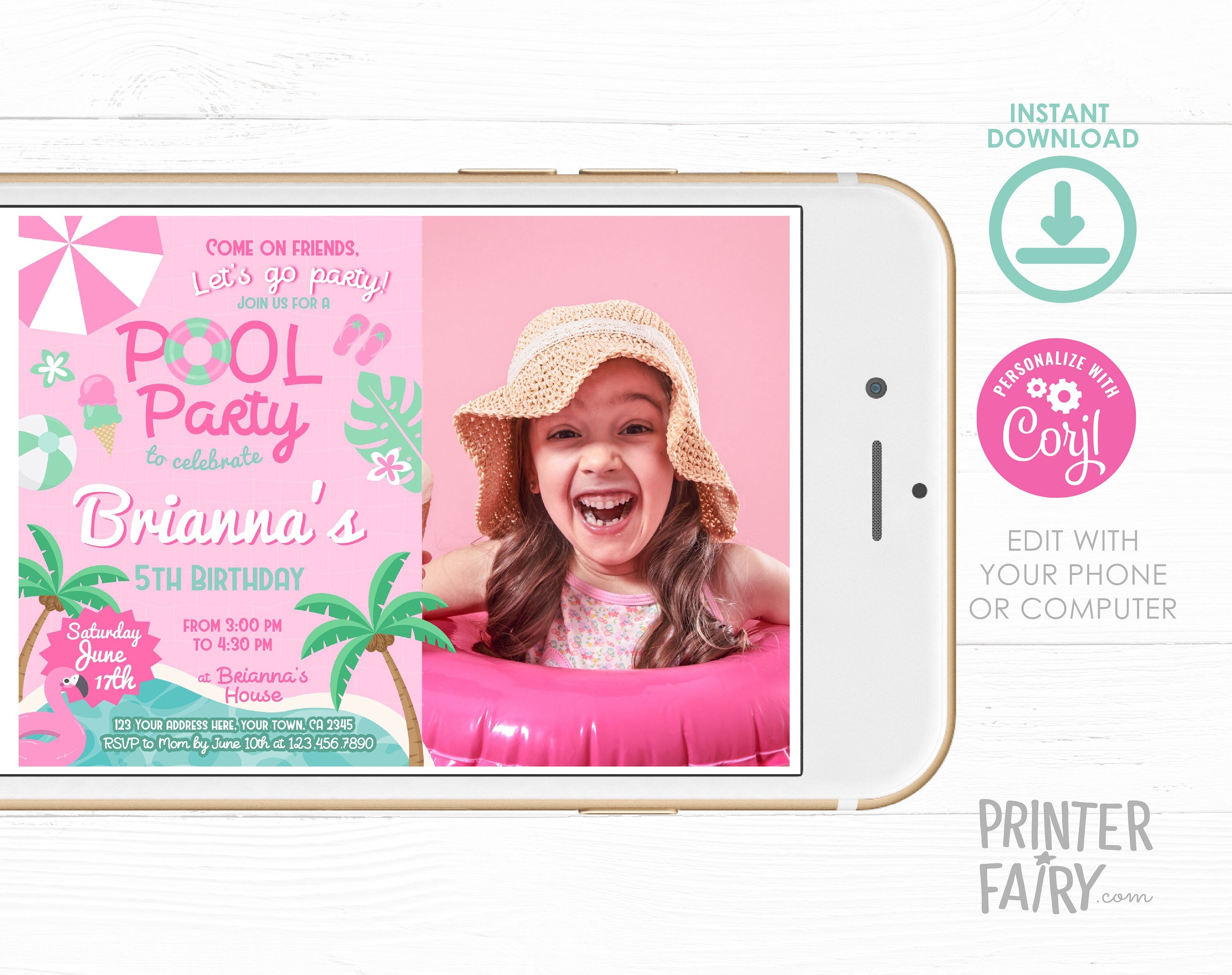 Pink Pool Party Invitation with Photo, Editable Birthday Invite (Digital Download)