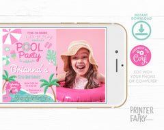 Pink Pool Party Invitation with Photo, Editable Birthday Invite (Digital Download)