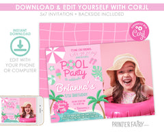 Pink Pool Party Invitation with Photo, Editable Birthday Invite (Digital Download)