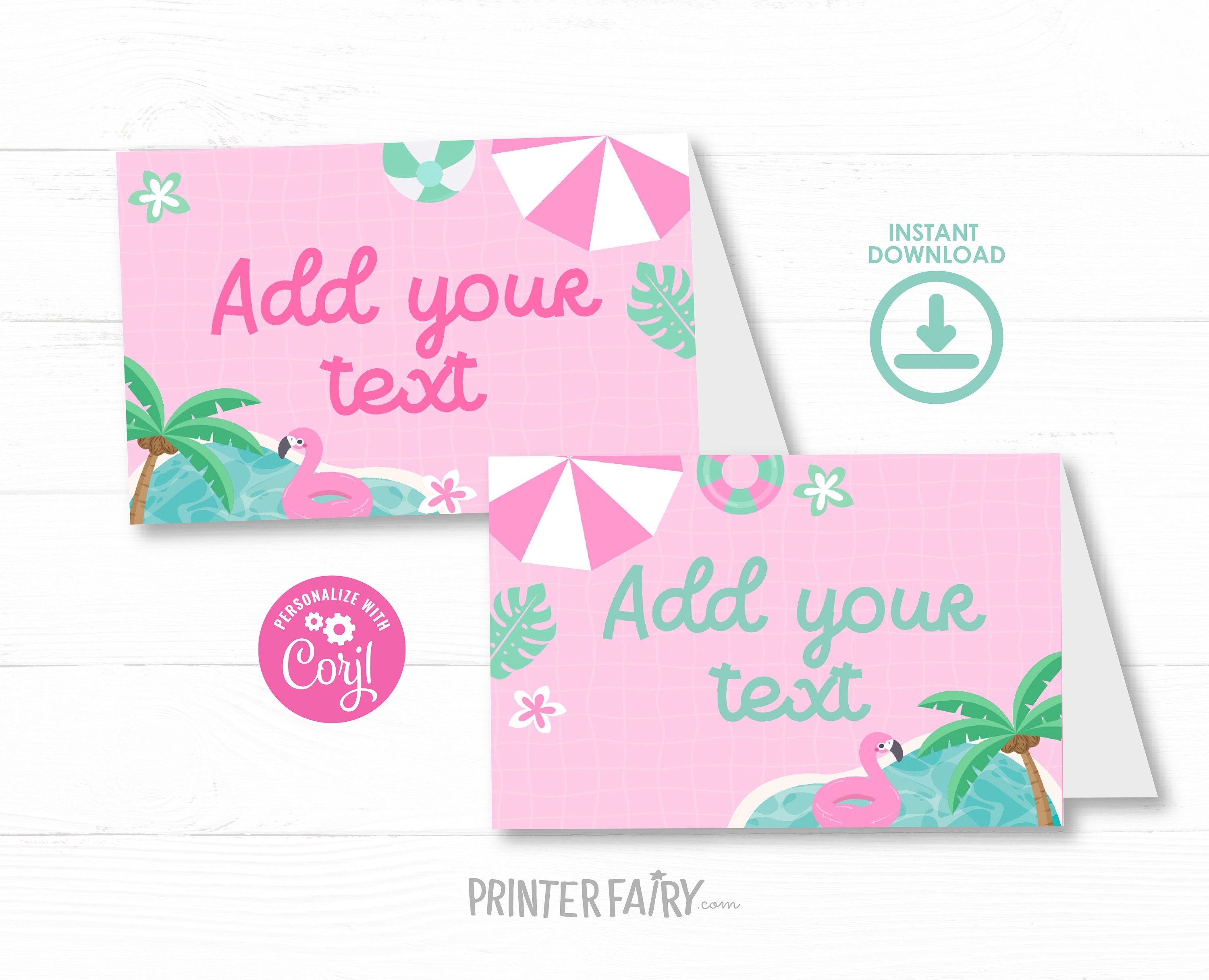 Pink Pool Party Food Tents, Editable Birthday Table Decor (Digital)