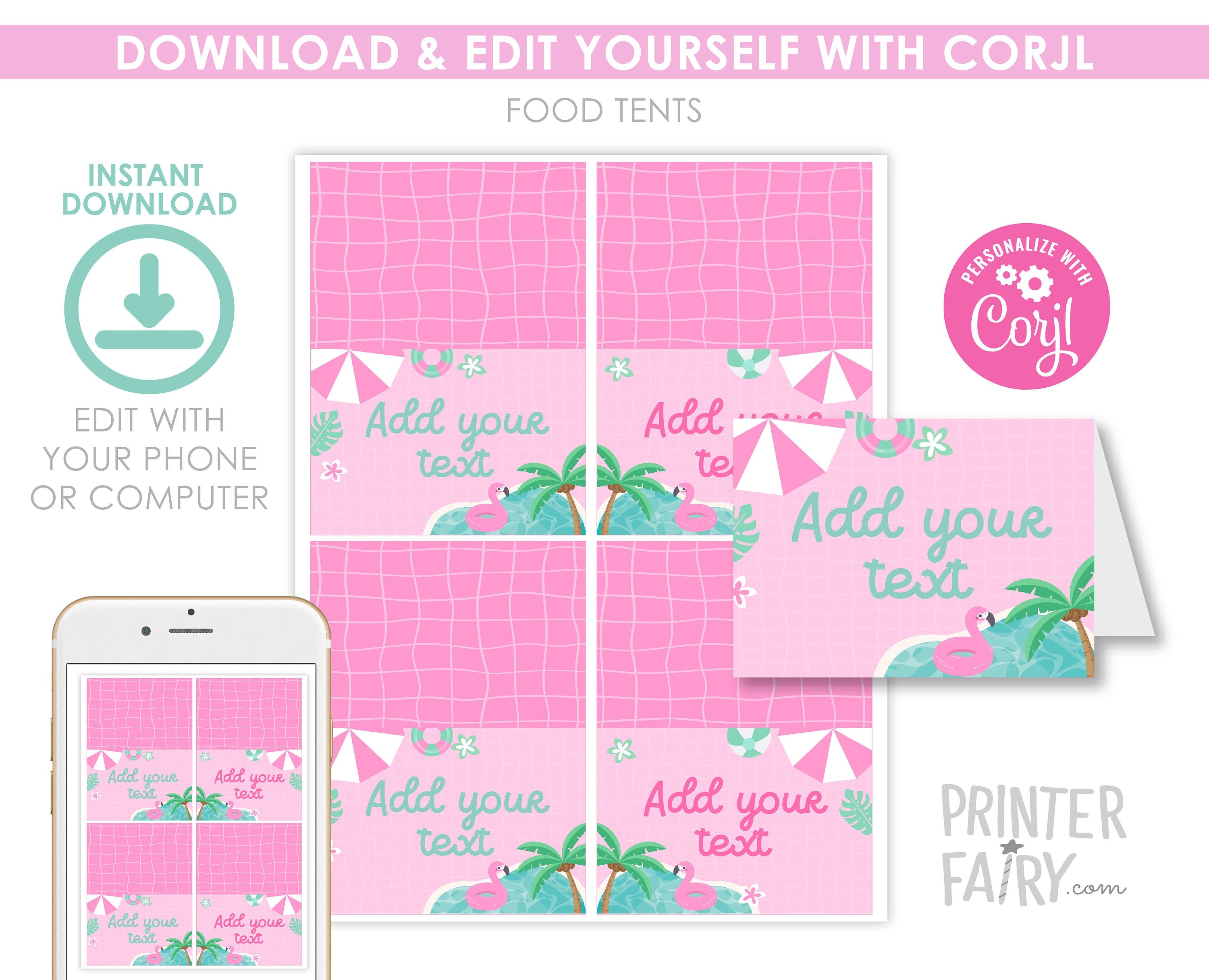 Pink Pool Party Food Tents, Editable Birthday Table Decor (Digital)