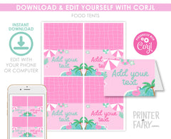 Pink Pool Party Food Tents, Editable Birthday Table Decor (Digital)