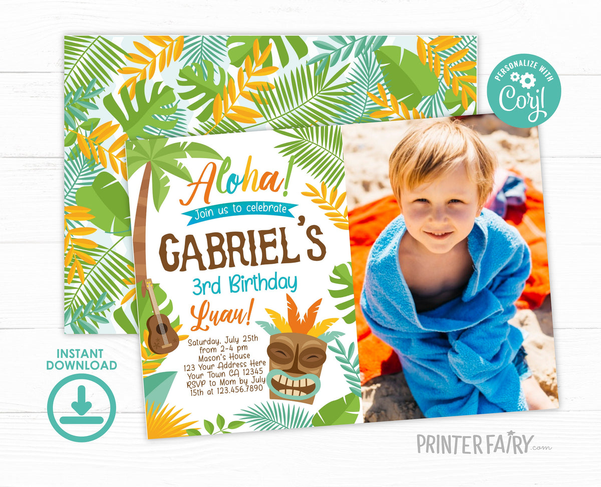 Luau Birthday Invitation with Photo, Editable Digital Invite