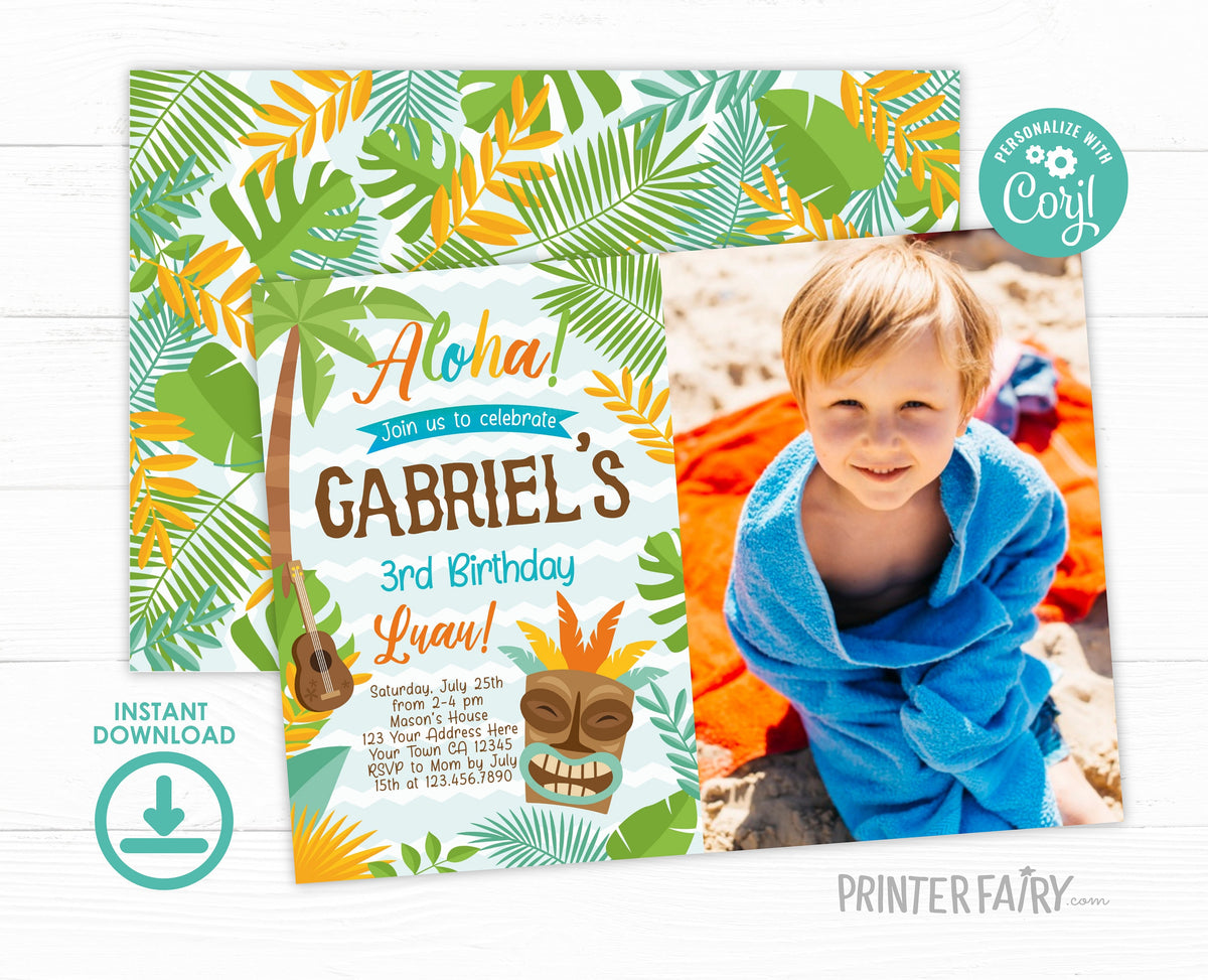 Editable Luau Birthday Invitation with Photo (Digital Invite)