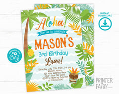 Editable Luau Birthday Invitation, Summer Beach Party (Digital Invite)