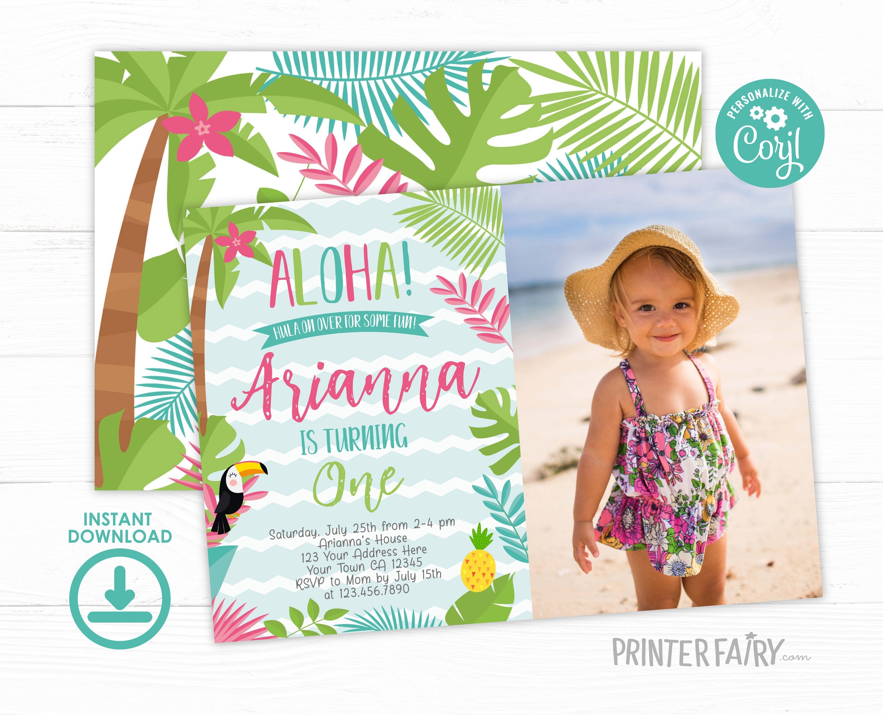 Luau Birthday Party Invitation with Photo, Instant Download