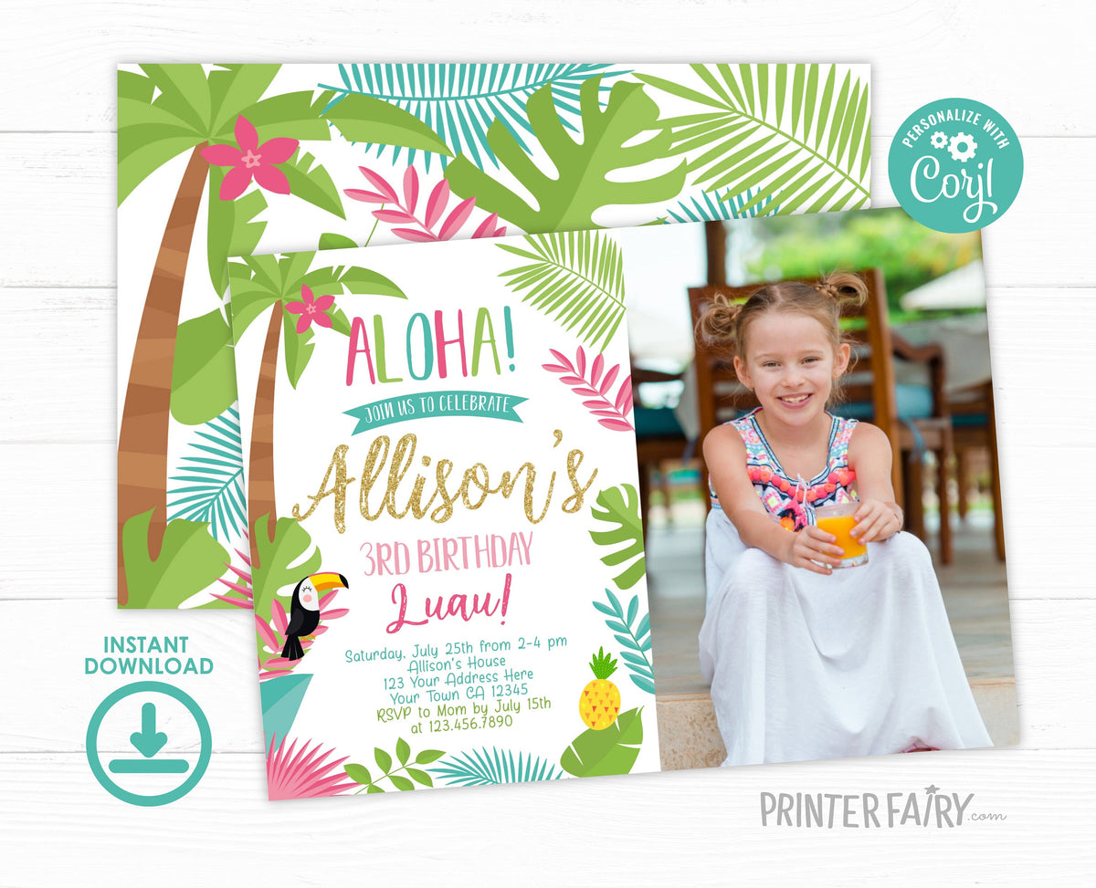 Editable Luau Birthday Photo Invitation, Tropical Party (Instant Download)