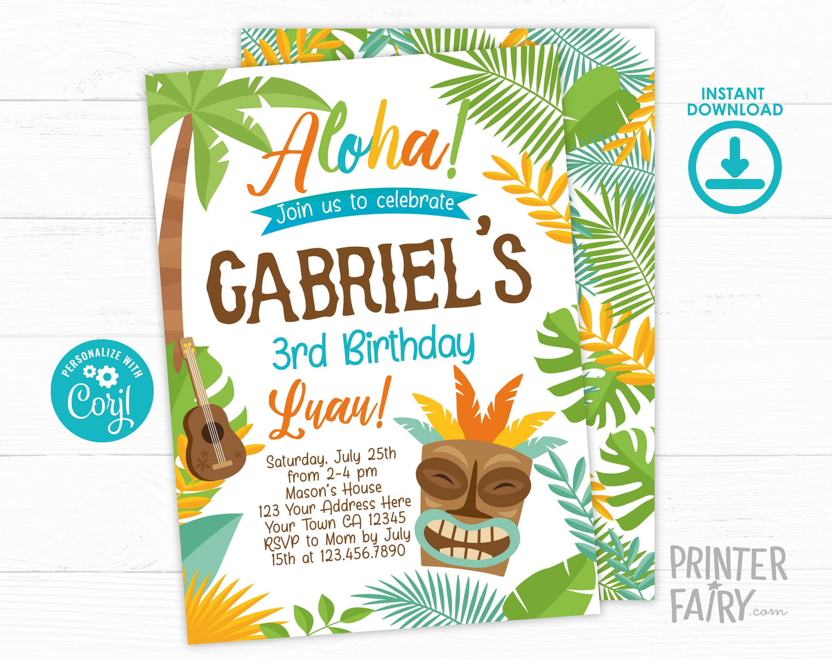 Editable Luau Birthday Invitation, Hawaiian Beach Party (Digital Invite)