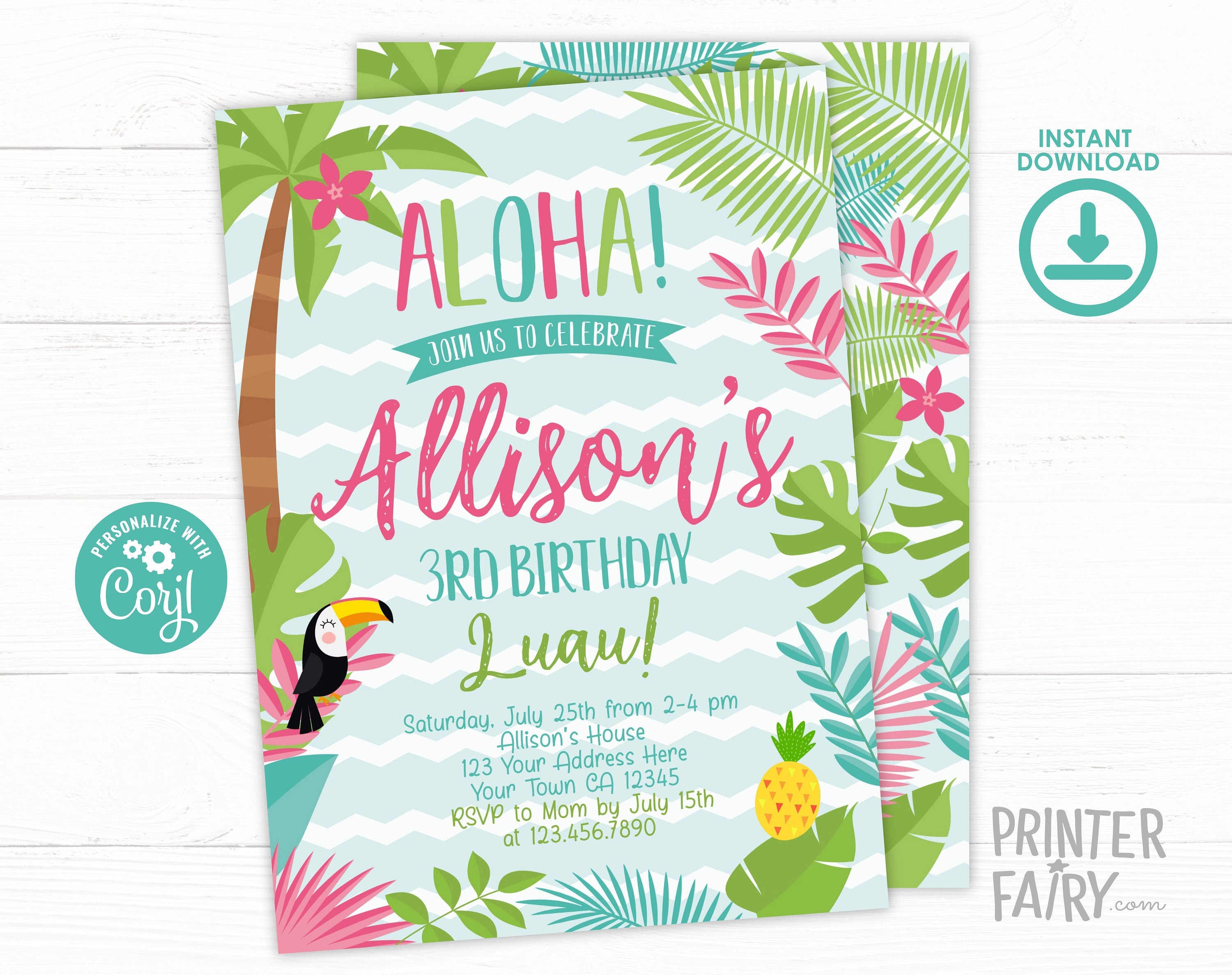 Editable Luau Birthday Invitation, Tropical Beach Party (Instant Download)
