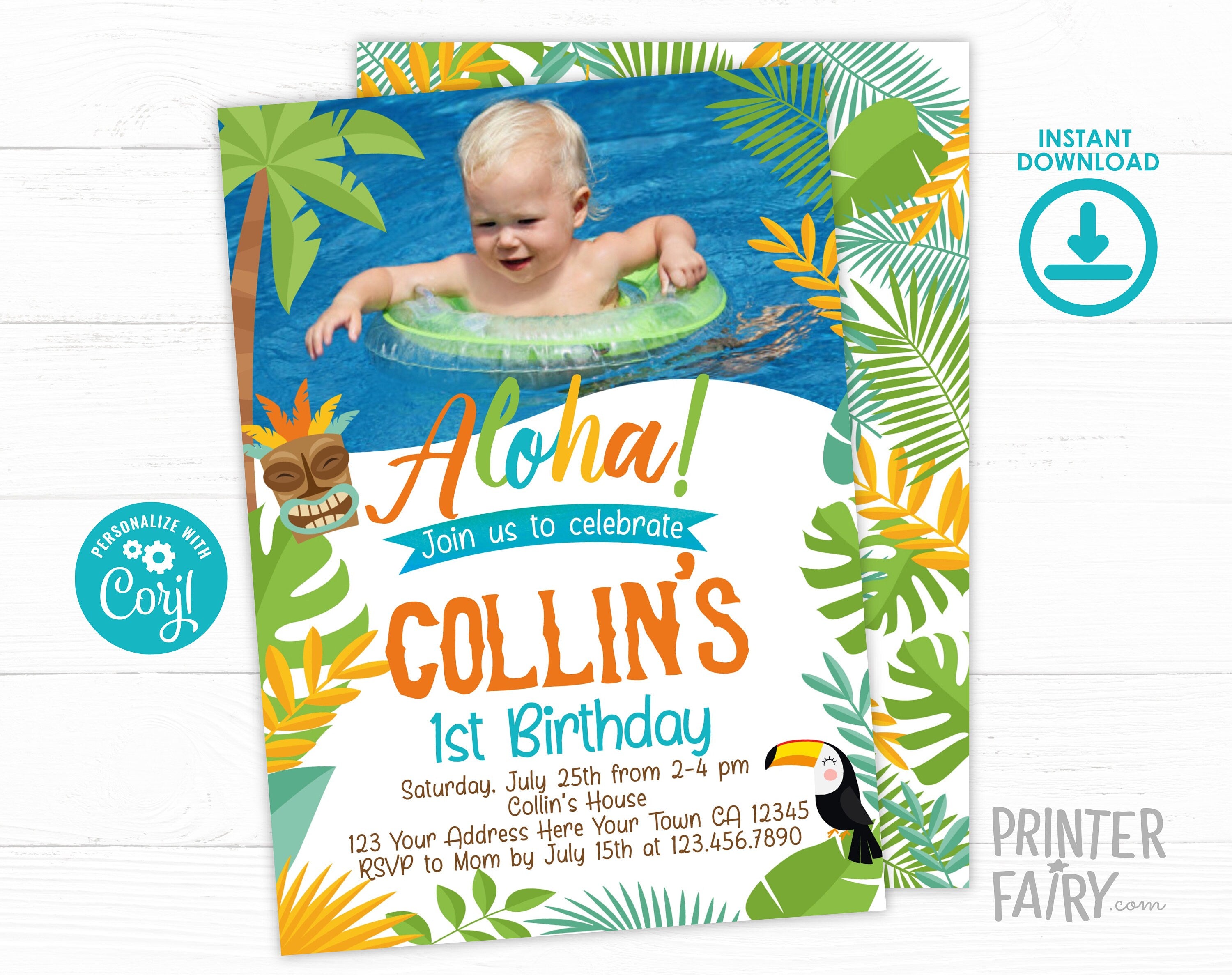Editable Luau Birthday Invitation, Photo Option (Instant Download)
