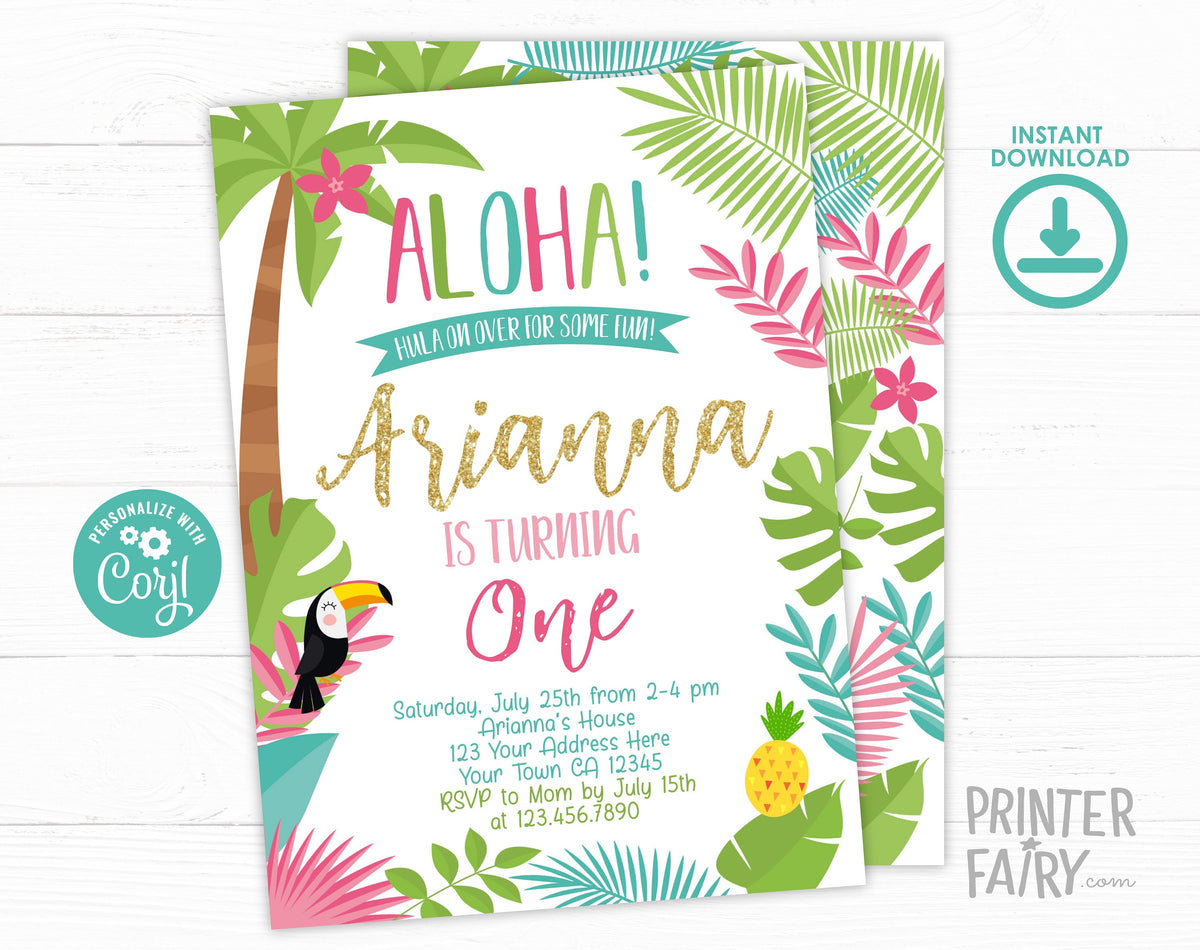Luau 1st Birthday Invitation, Editable Tropical Party (Digital Invite)