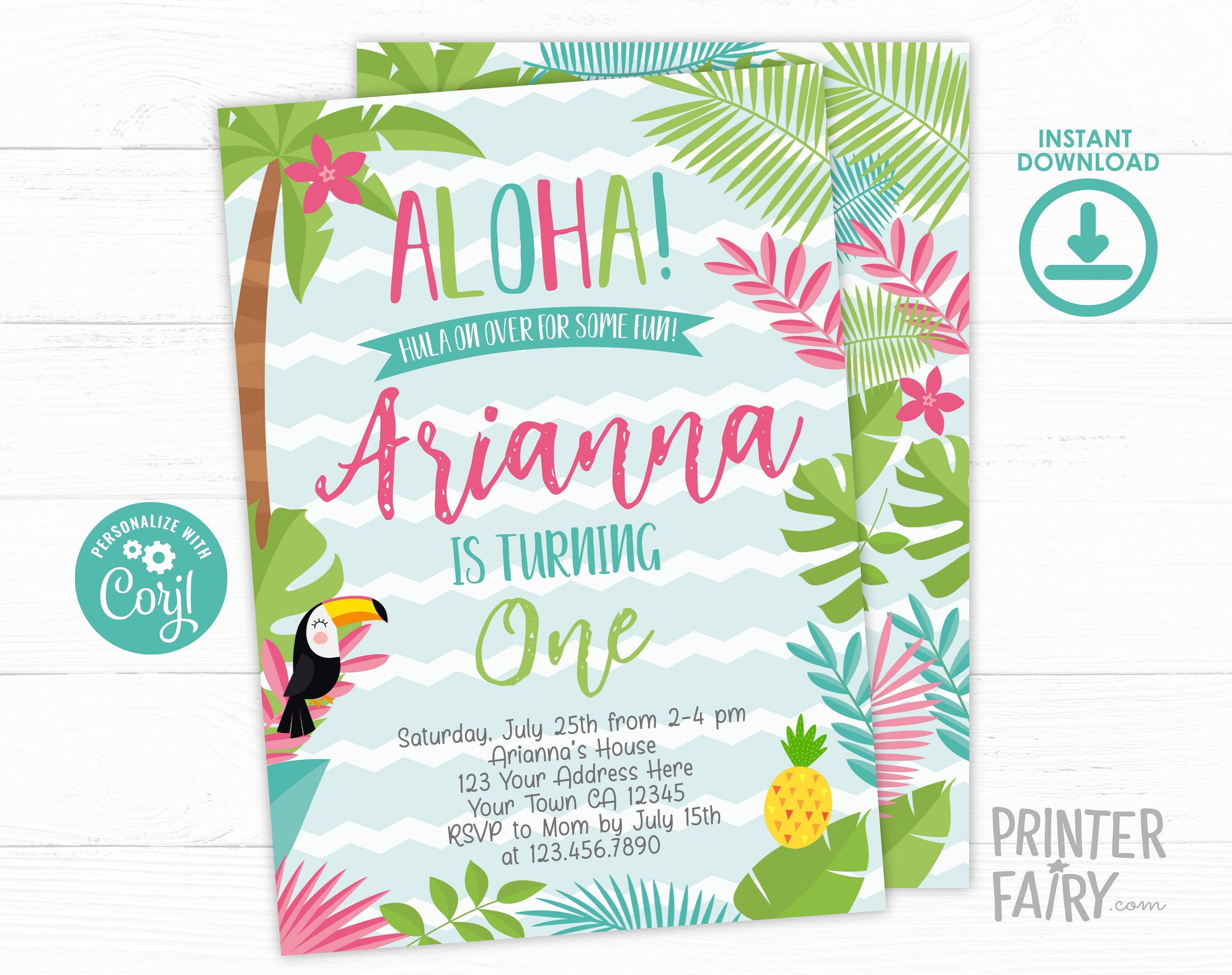 Luau 1st Birthday Party Invitation EDITABLE Template fot any age, Tropical Party (INSTANT DOWNLOAD)