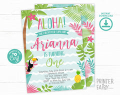 Luau 1st Birthday Party Invitation EDITABLE Template fot any age, Tropical Party (INSTANT DOWNLOAD)