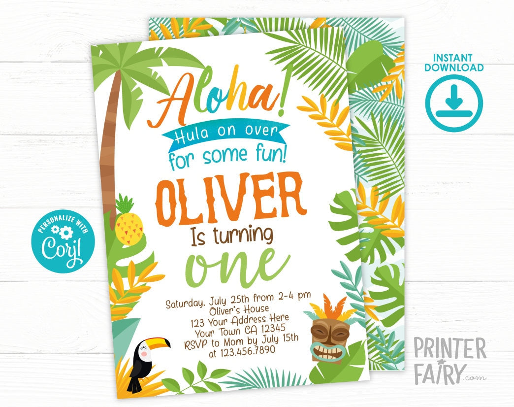 Editable Luau Birthday Invitation, Tropical Party (Digital Invite)