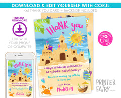Beach Birthday Party Thank You Card Editable Template, Sand Castle Theme, Instant Download