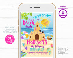 Beach Birthday Party Invitation Editable Template, Sand Castle Invite, Instant Download