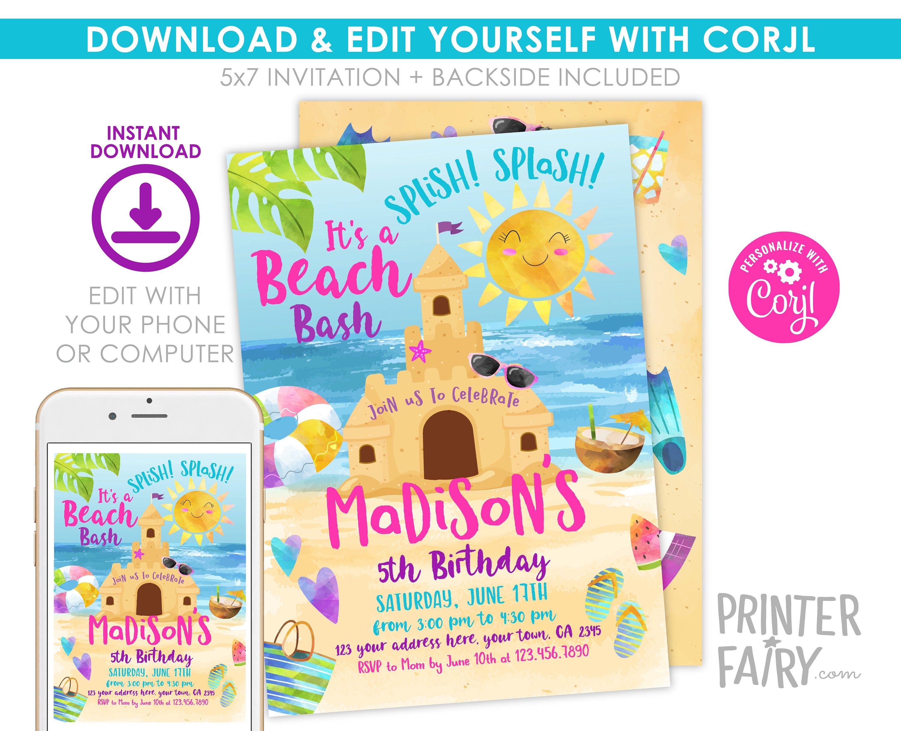Beach Birthday Party Invitation Editable Template, Sand Castle Invite, Instant Download