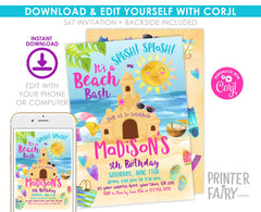 Beach Birthday Party Invitation Editable Template, Sand Castle Invite, Instant Download