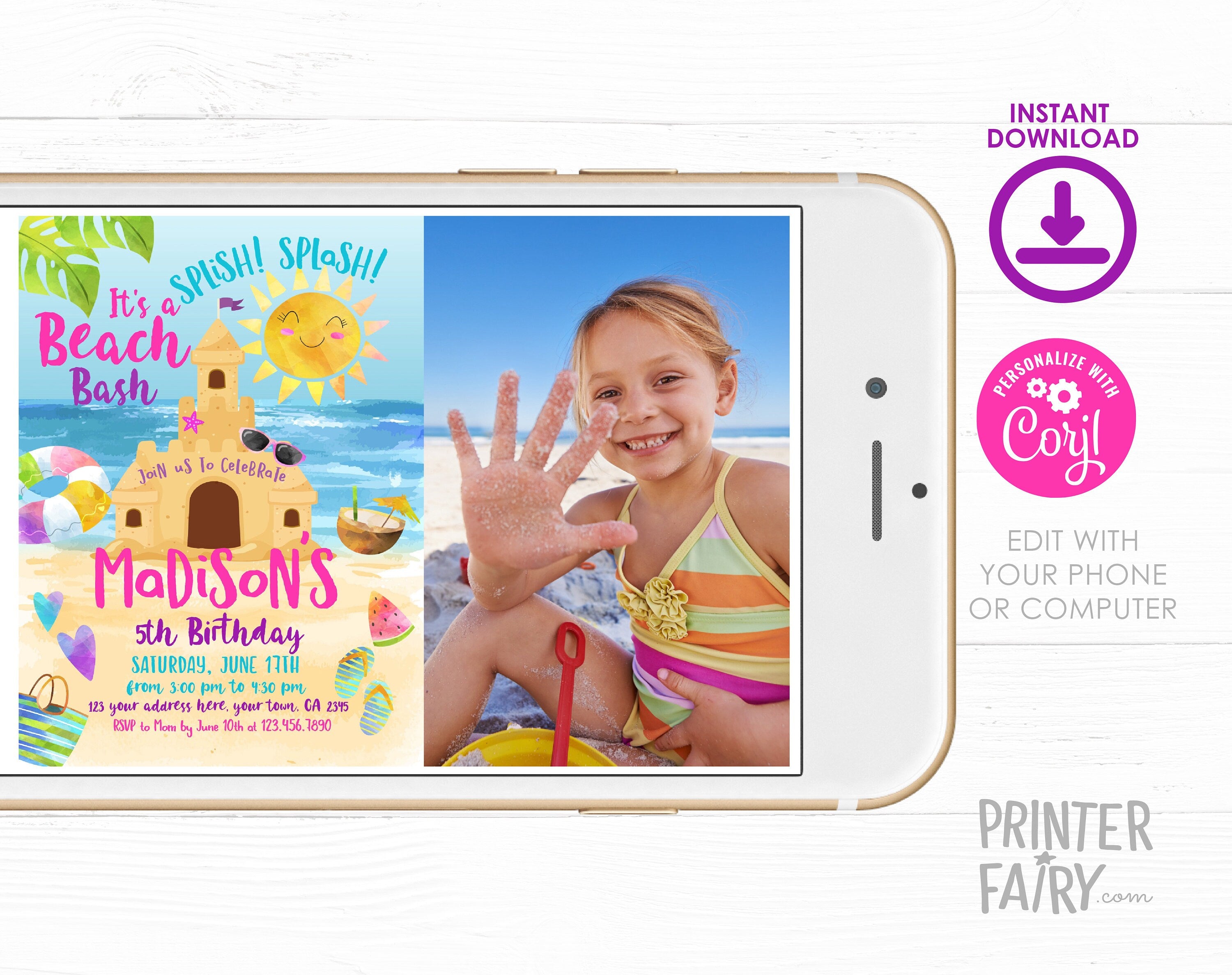 Sand Castle Beach Birthday Party Invitation with Photo Editable Template, INSTANT DOWNLOAD