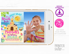 Sand Castle Beach Birthday Party Invitation with Photo Editable Template, INSTANT DOWNLOAD