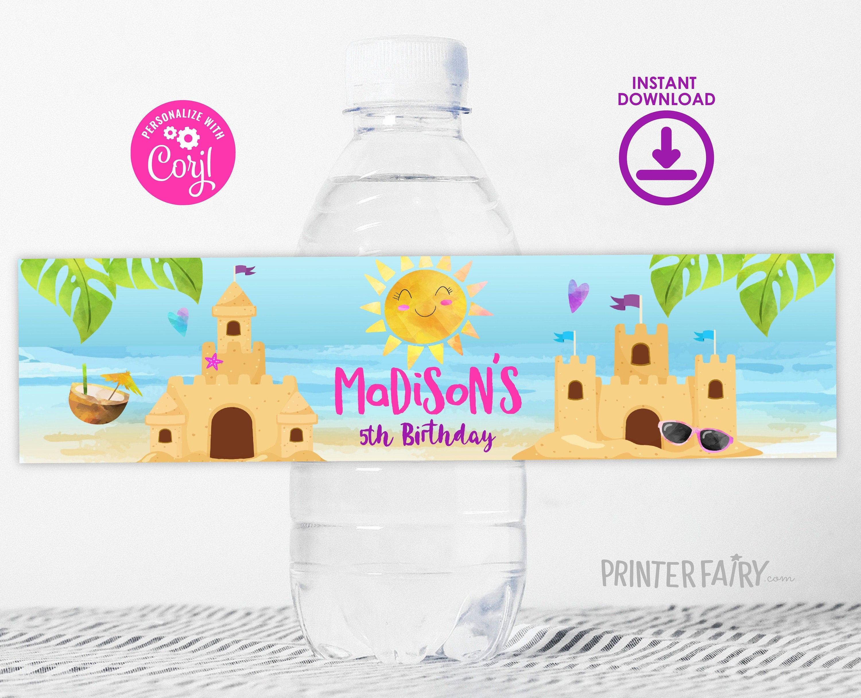 Beach Birthday Party Water Bottle Label Editable Template, Sand Castle Party Decorations, Instant Download