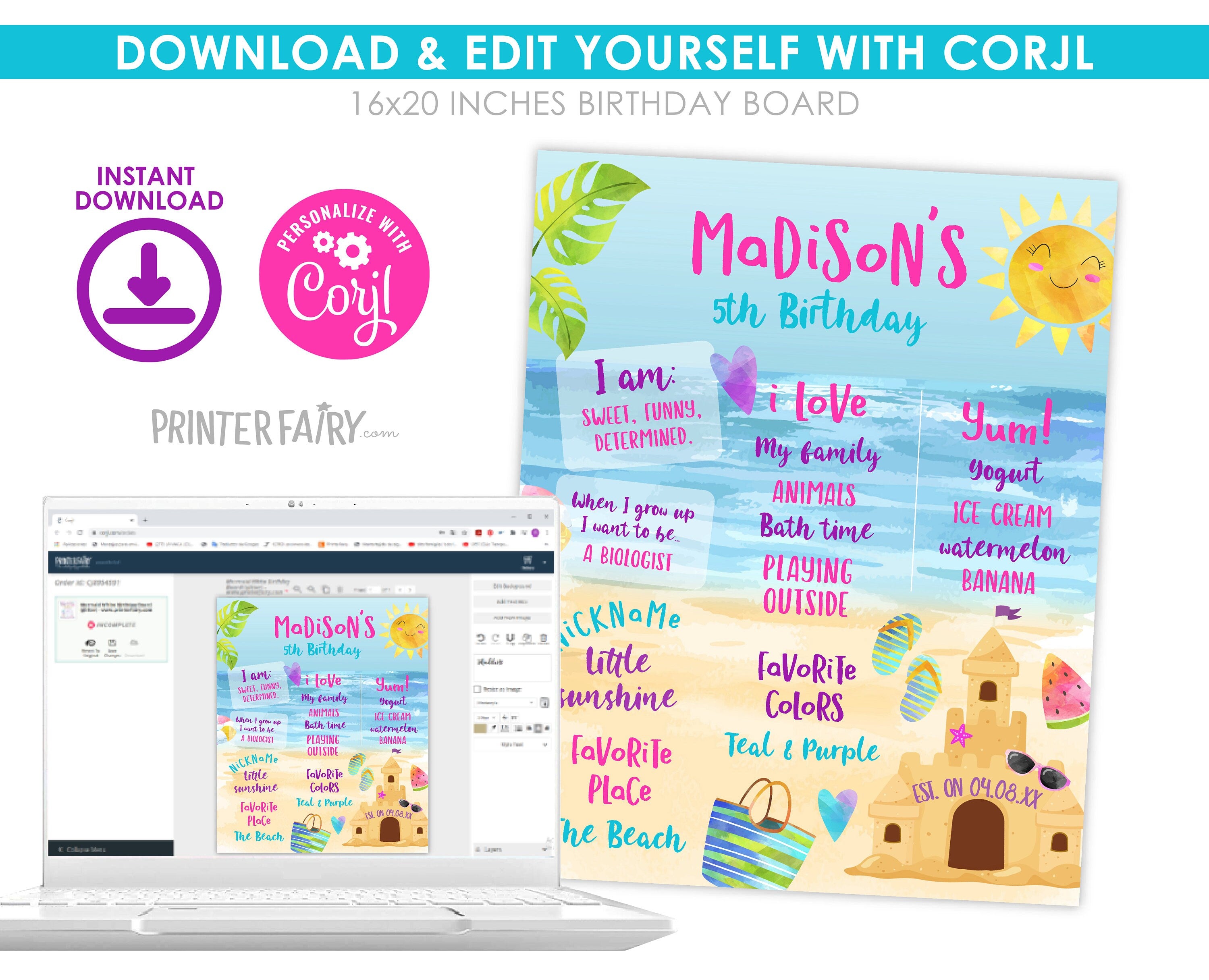 Beach Birthday Party Milestones Board Editable Template, Sand Castle Decorations, Instant Download