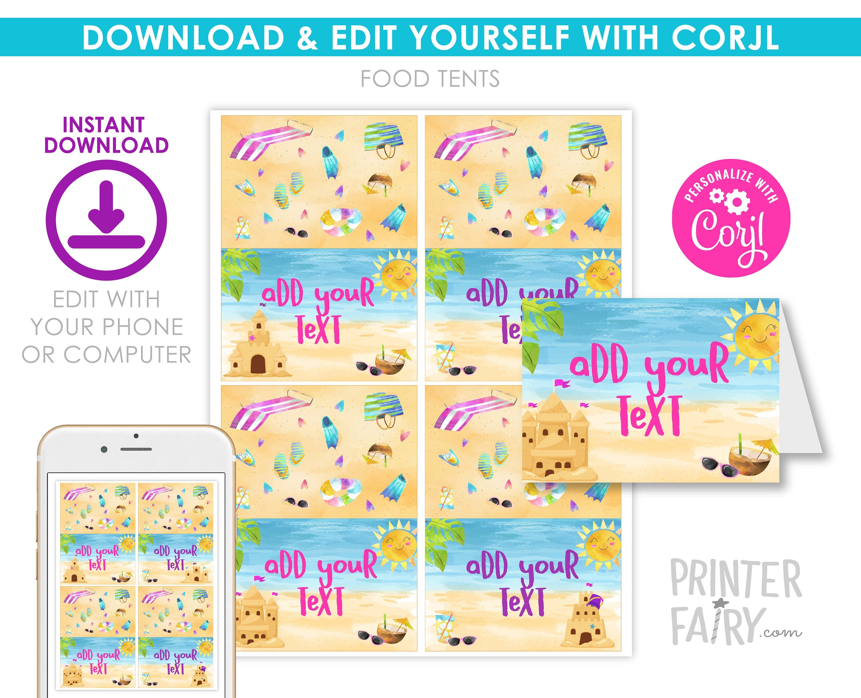 Beach Party Food Tents Editable Template, Sand Castle Foldable Place Cards, Instant Download