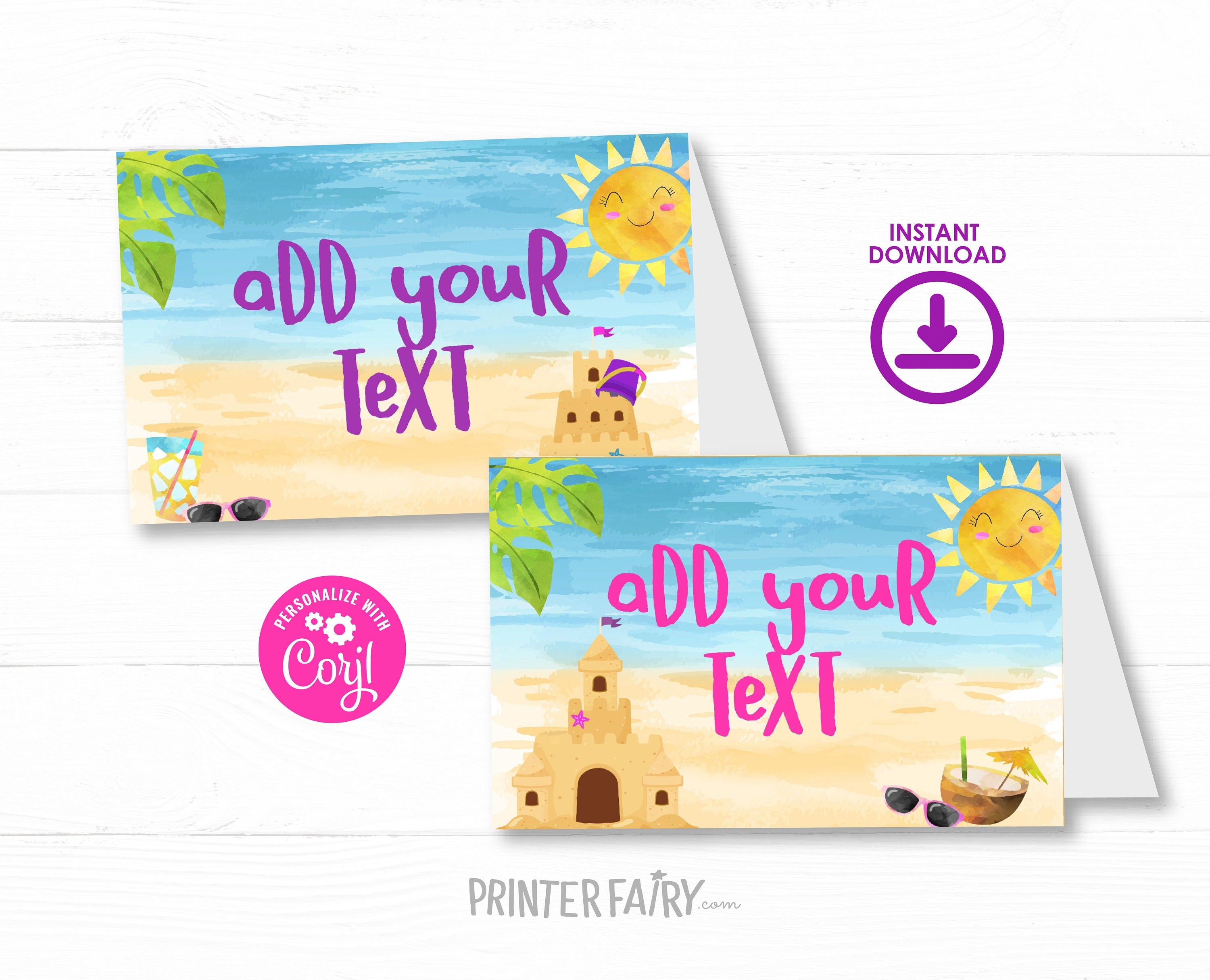 Beach Party Food Tents Editable Template, Sand Castle Foldable Place Cards, Instant Download