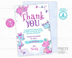 Dragon Birthday Thank You Card, Girl Party (Printable Template)