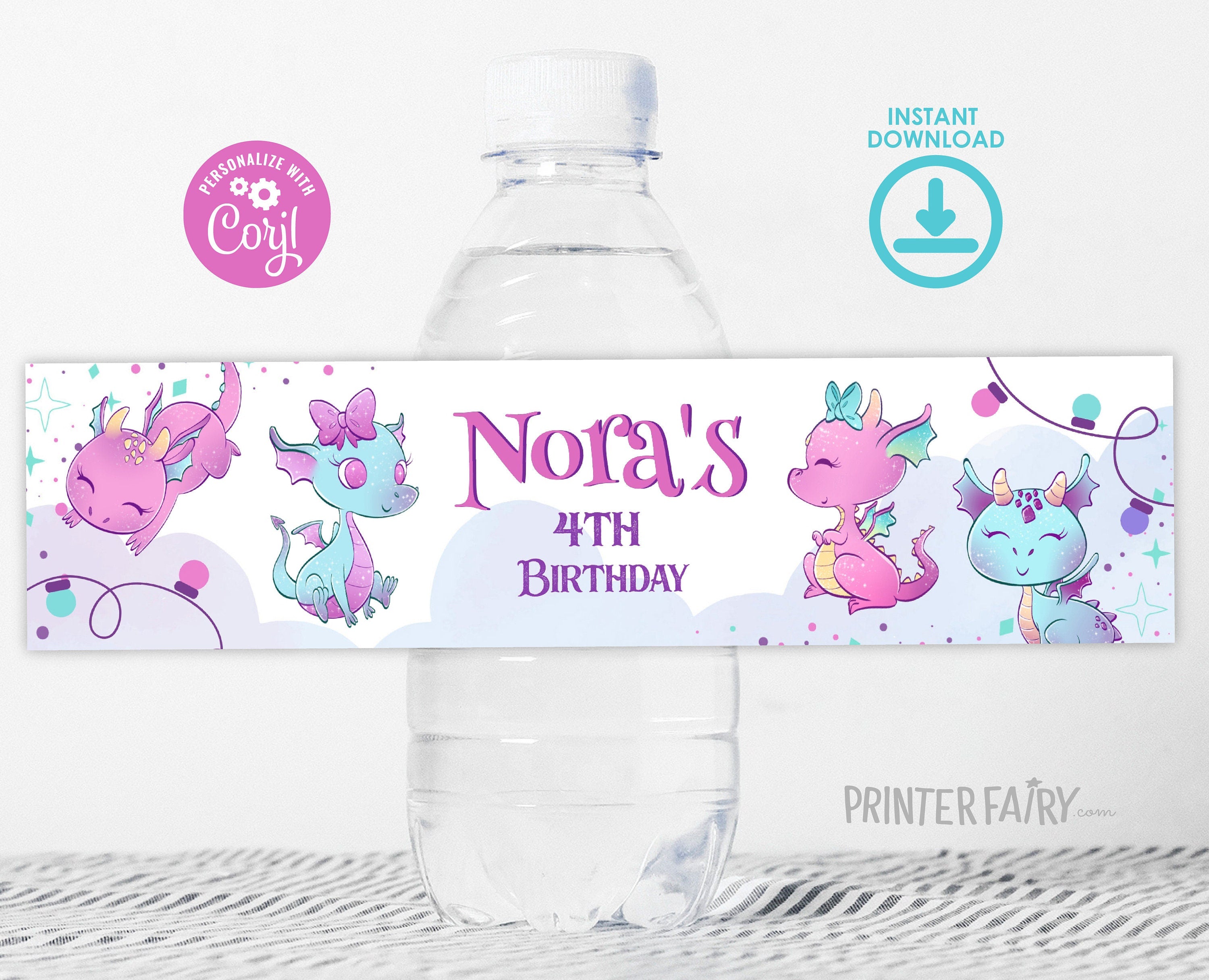 Girl Dragon Birthday Party Water Bottle Label (Digital Download)