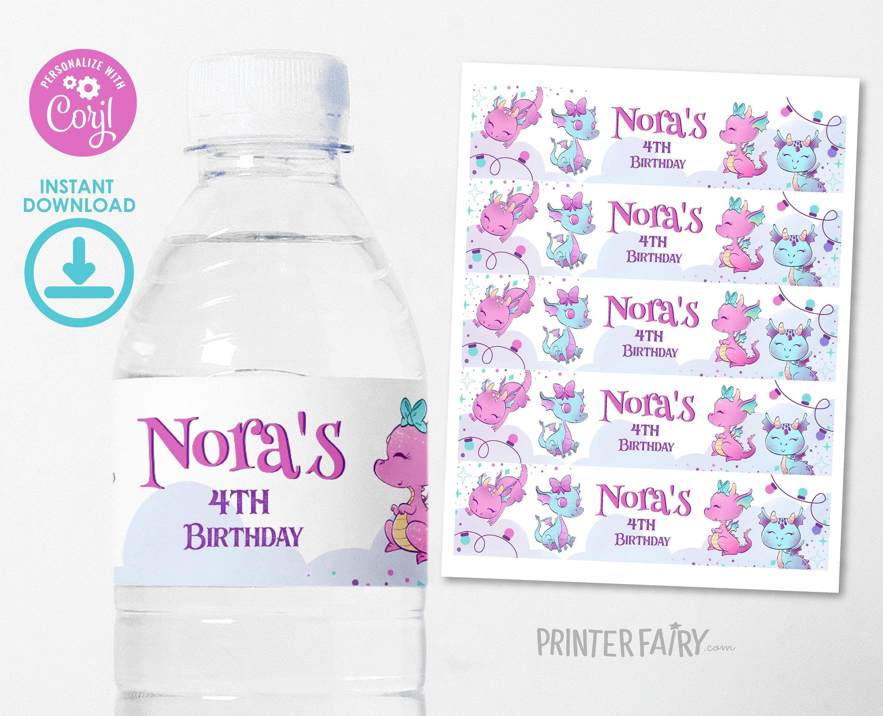 Girl Dragon Birthday Party Water Bottle Label (Digital Download)