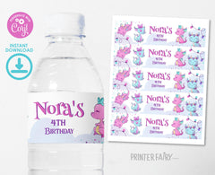 Girl Dragon Birthday Party Water Bottle Label (Digital Download)