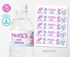 Girl Dragon Birthday Party Water Bottle Label (Digital Download)