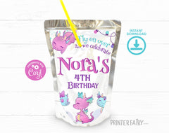 Dragon Birthday Party Drink Pouch Label, Editable (Digital Download)