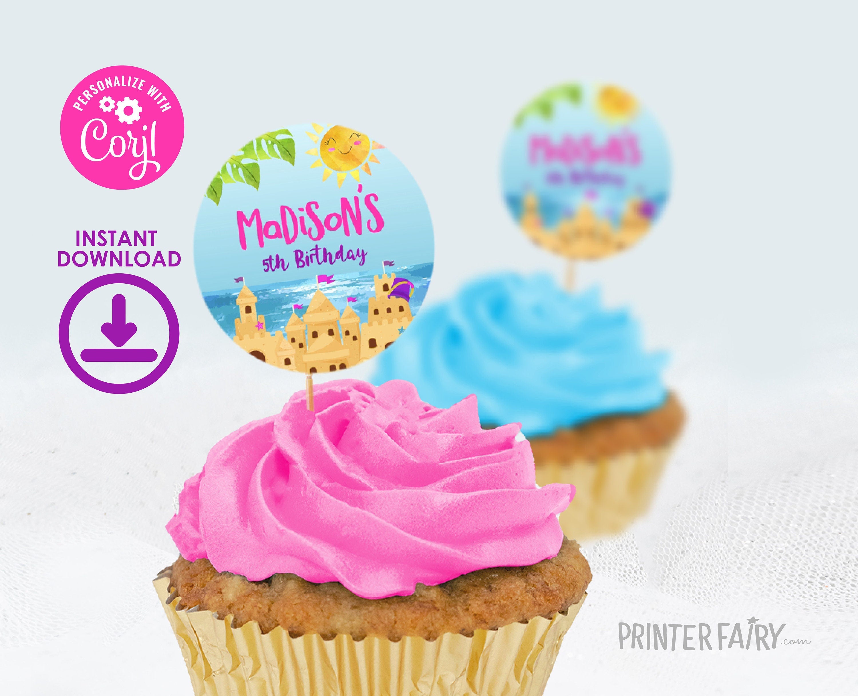Beach Birthday Party Toppers Editable Template, Sand Castle Stickers, Instant Download
