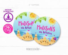 Beach Birthday Party Toppers Editable Template, Sand Castle Stickers, Instant Download