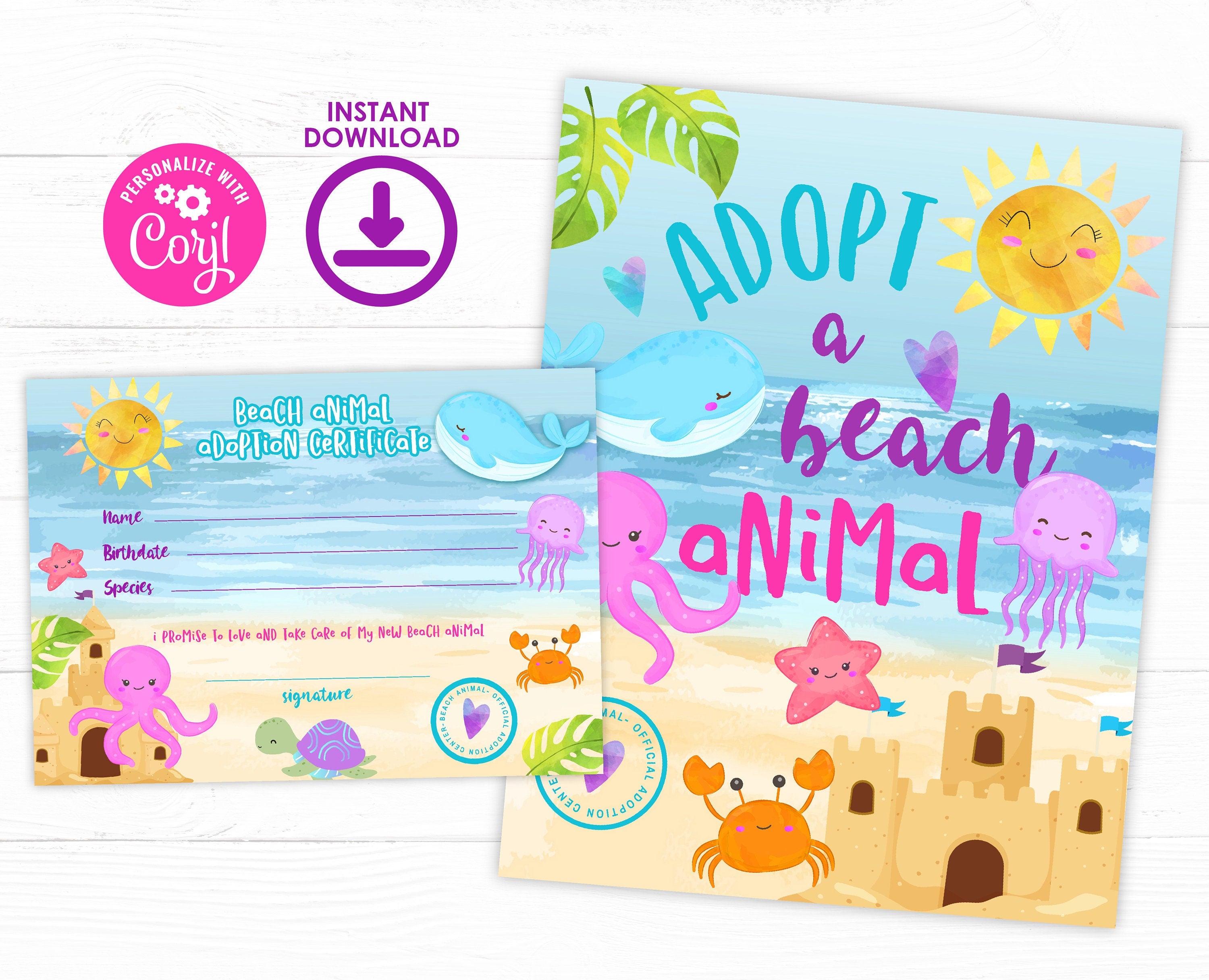 Summer Pet Adoption Party Sign and Certificate Editable Templates, Beach party, Instant Download