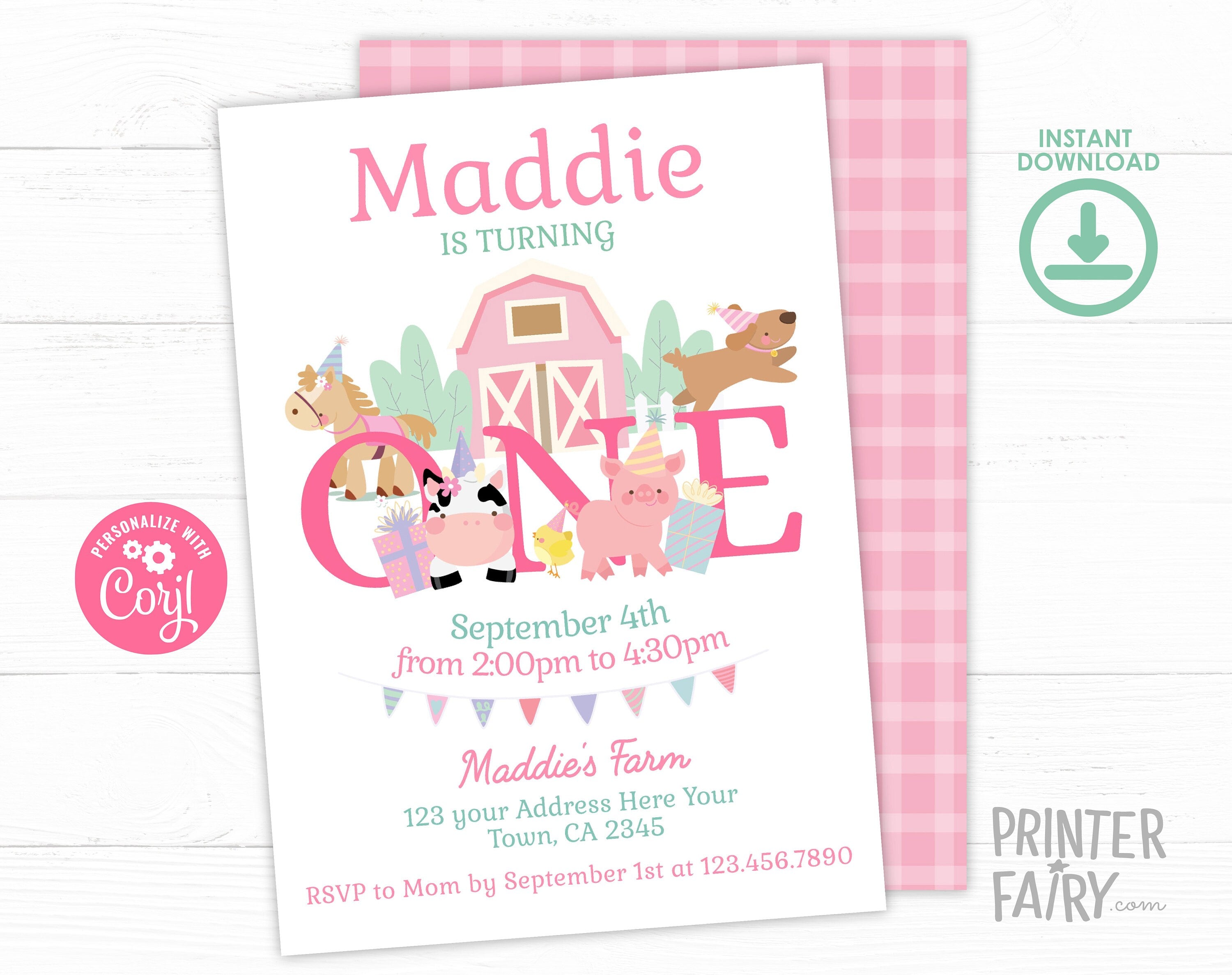 Farm Animals First Birthday Invitation, Pink Barnyard (Editable, Digital Download)