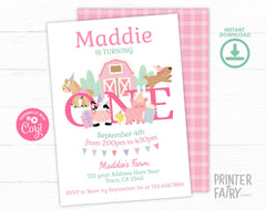 Farm Animals First Birthday Invitation, Pink Barnyard (Editable, Digital Download)