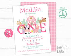 Farm Animals First Birthday Invitation, Pink Barnyard (Editable, Digital Download)