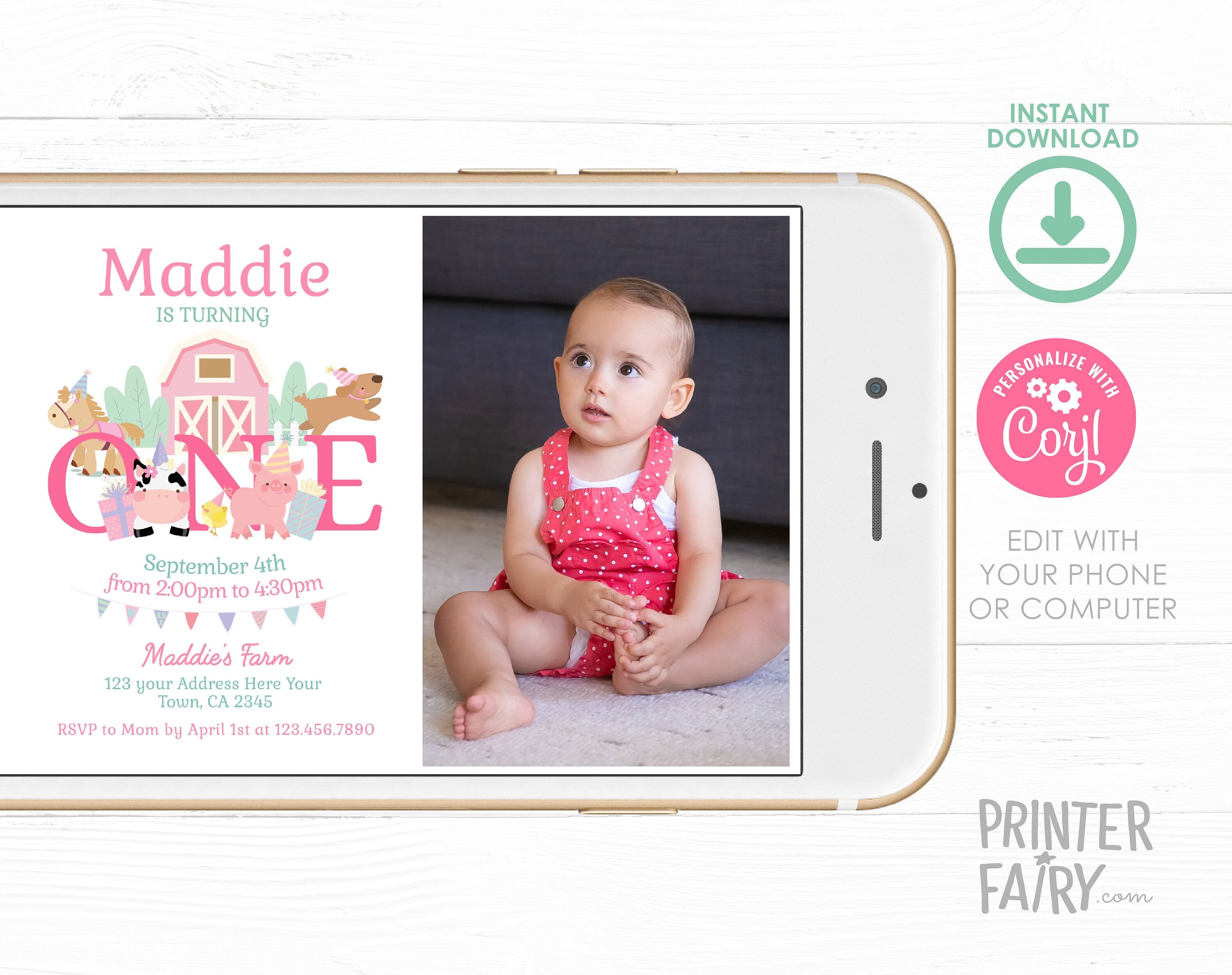 Farm 1st Birthday Invitation with Photo, Pink Barnyard Animals (Editable Download)