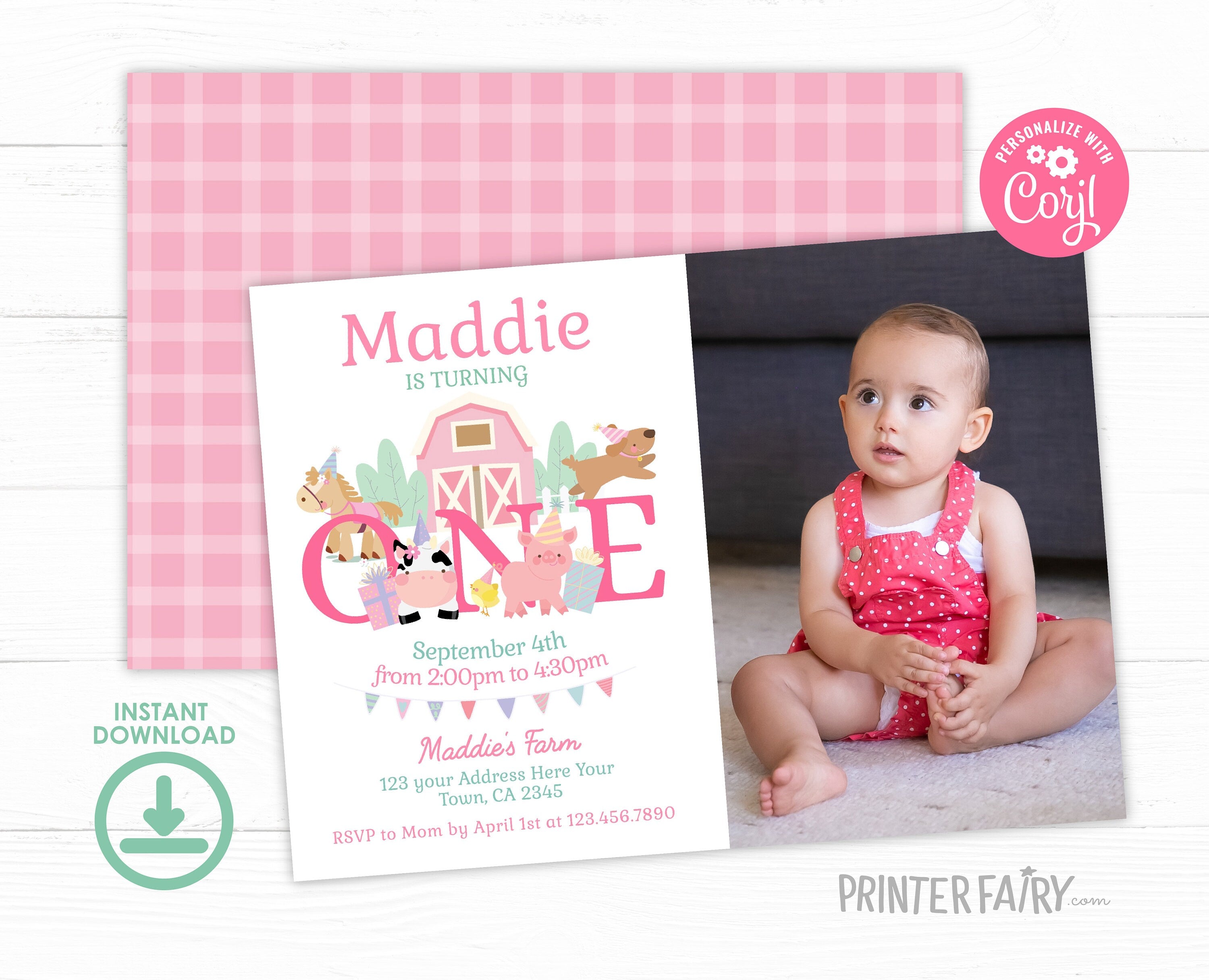 Farm 1st Birthday Invitation with Photo, Pink Barnyard Animals (Editable Download)