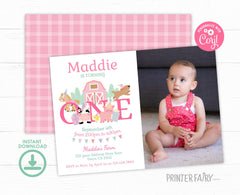 Farm 1st Birthday Invitation with Photo, Pink Barnyard Animals (Editable Download)